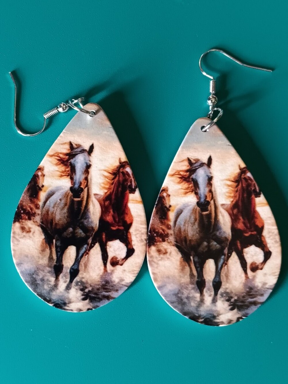 Equestrian Teardrop Horse Print Hook Pierced Earrings Lightweight Wooden